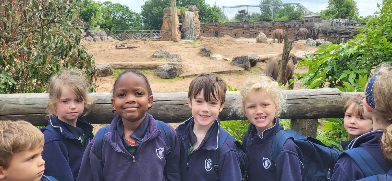 Group of children visiting Chester Zoo with animals in the background