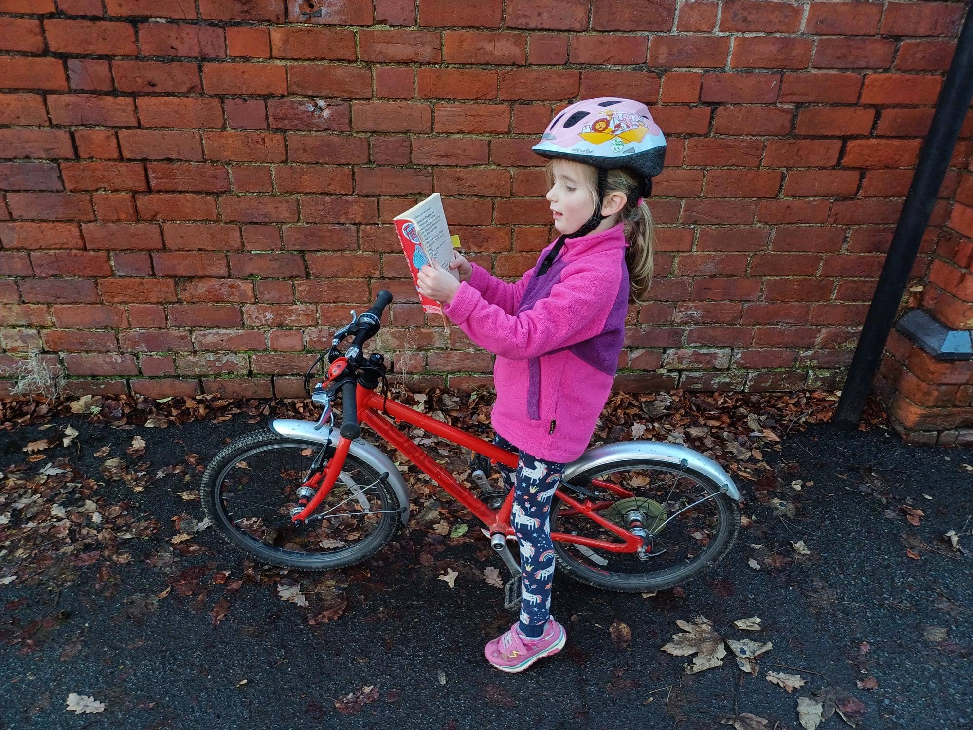 Girl on a bicycle reading a book