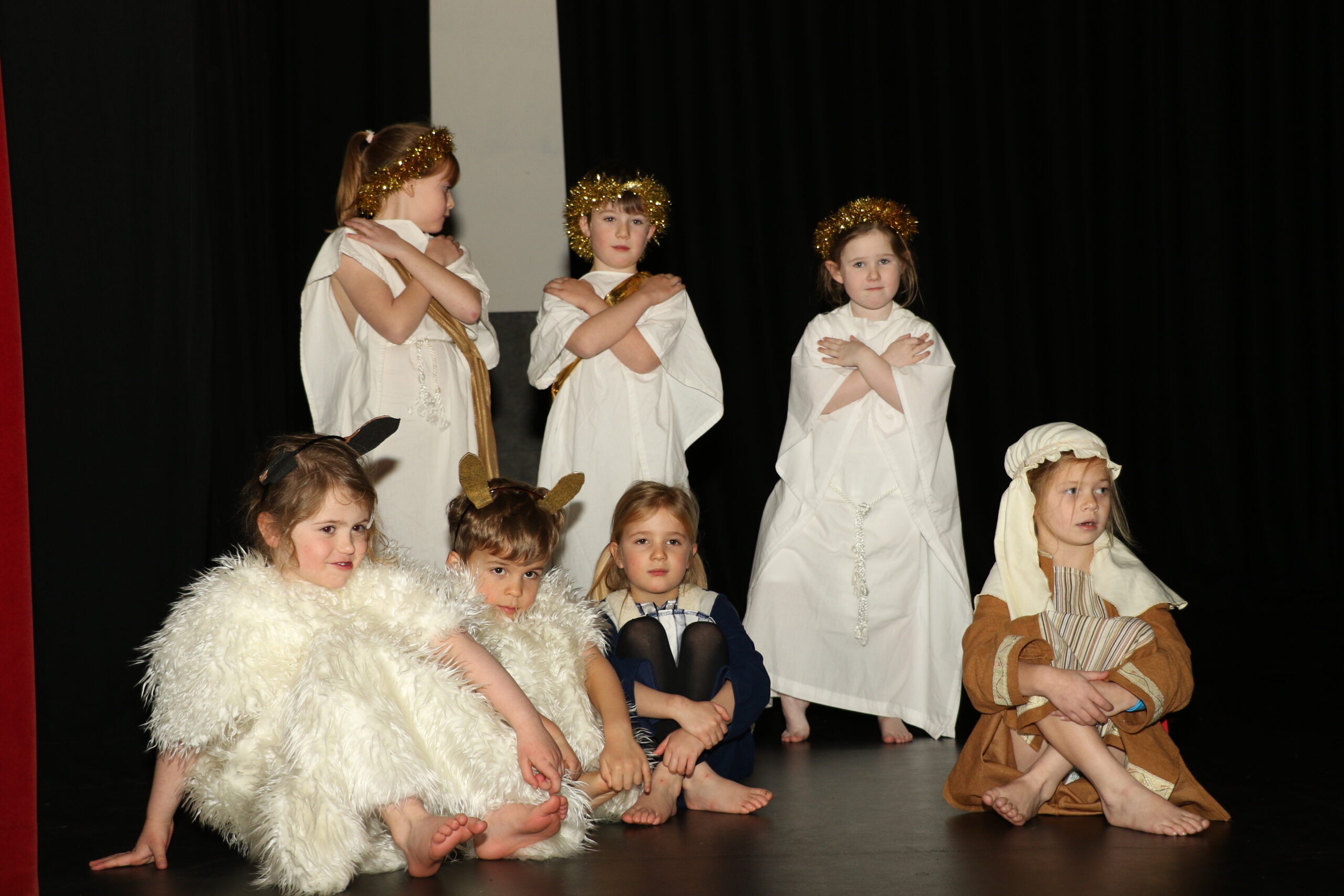 Group of pupils performing nativity in school theatre