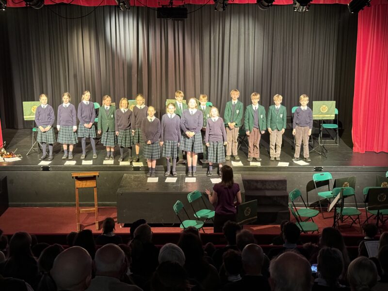 Pupils on school theatre stage performing musical concert