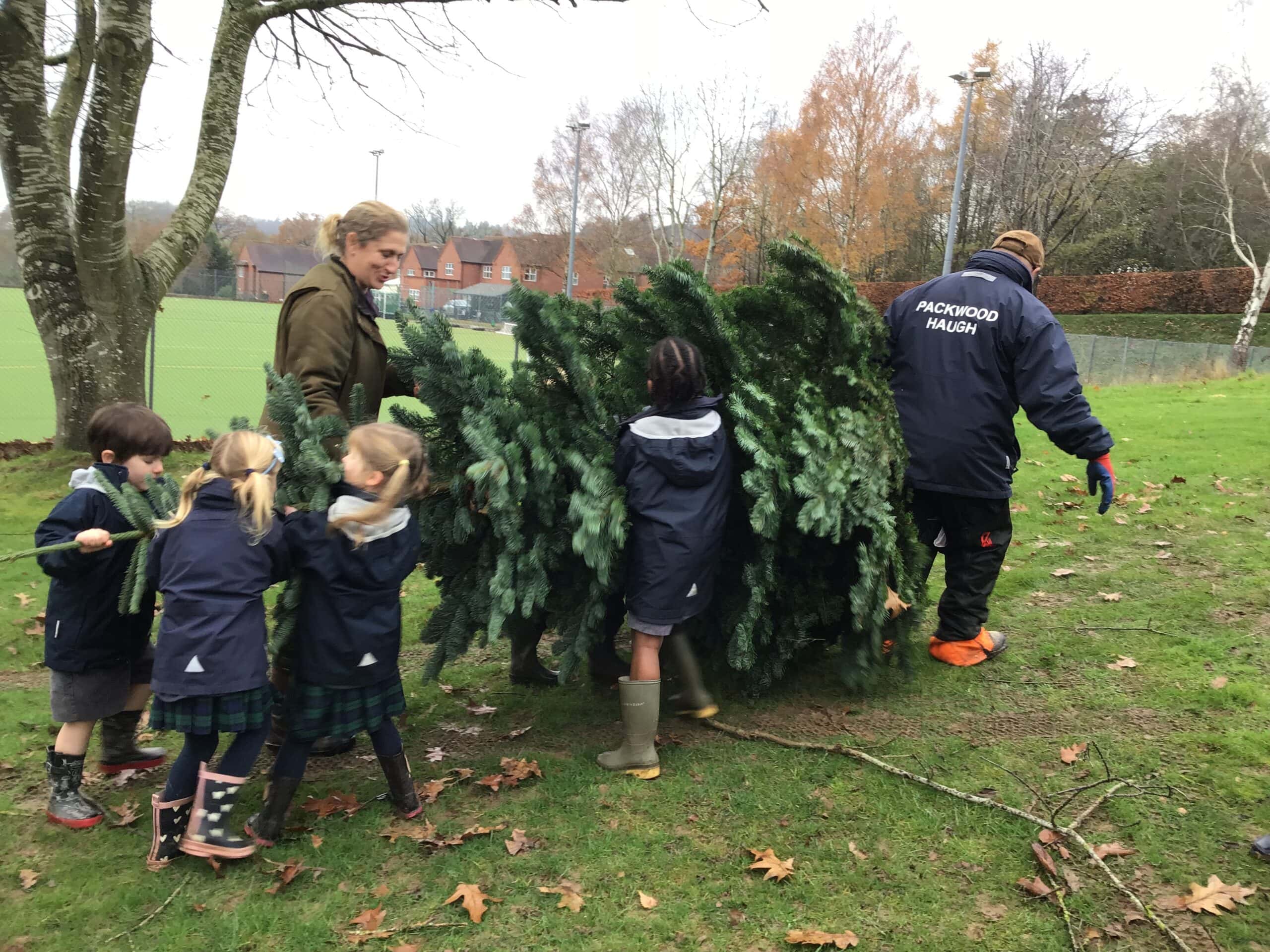 Packwood staff and pupils carrying a Christmas tree